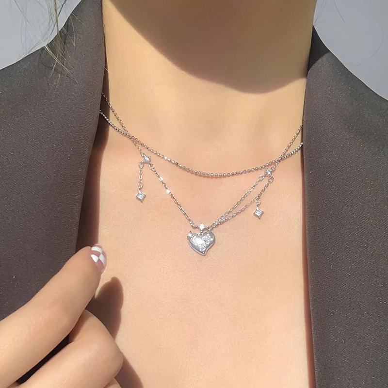 Collar de amor de doble capa de Plata de Ley 925, Gargantilla con colgante geométrico Simple, regalo de cumpleaños, joyería fina para mujer, nuevo