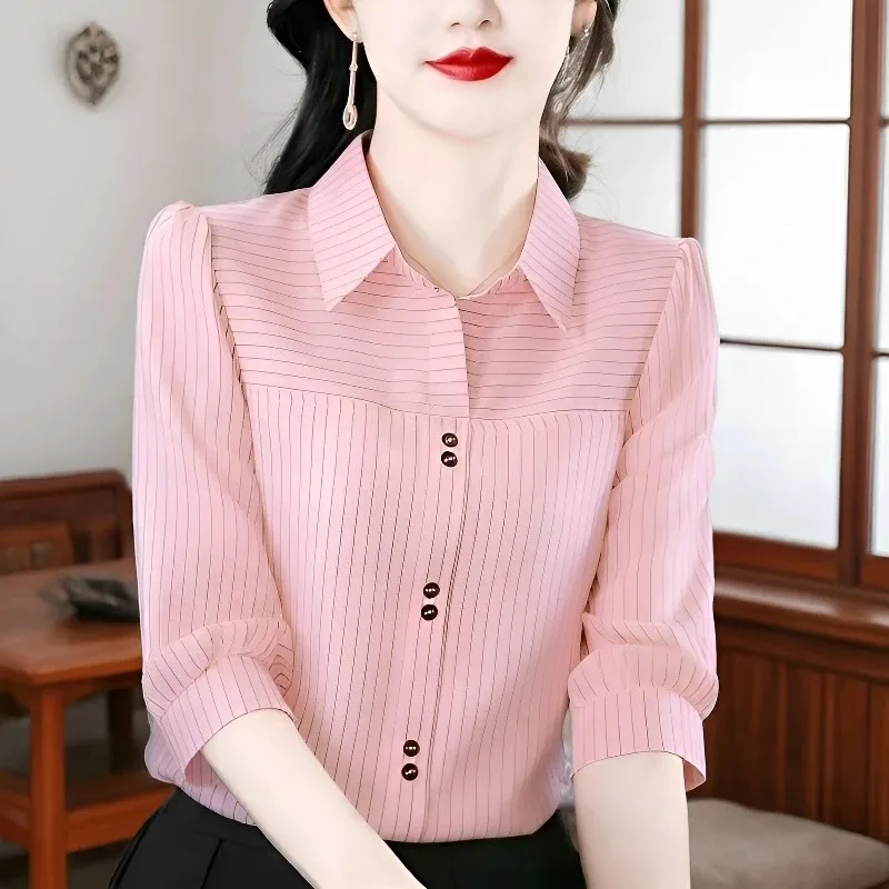 Elegant Women Summer Striped Lapel Seven Quarter Sleeve Button Up Slim Fit Office Casual Blouse Shirt
