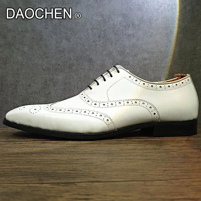 ELEGANCKIE BUTY MĘSKIE OXFORD BIAŁE Sznurowane PUNKTOWANE BUTY BROGUE FORMALNE BUTY ŚLUBNE BIUROWE CZARNE PRAWDZIWE SKÓRZANE BUTY MĘSKIE