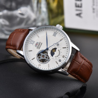 Orient Automatic Men's Watch Skeleton Dial Sun & Moon Phase Silver Case Brown Leather Strap Mechanical Wristwatch