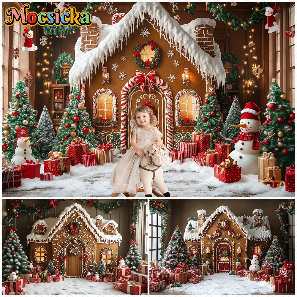 

Mocsicka Christmas House Photography Background Xmas Tree Snowman Gifts Decorations Children Adult Family Party Backdrops Banner