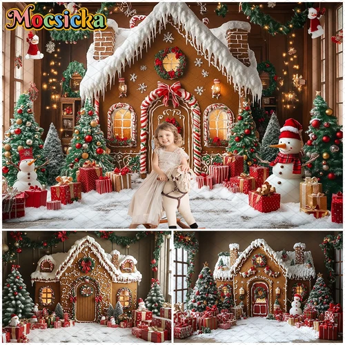 Fondo de fotografía de casa de Navidad Mocsicka árbol de Navidad muñeco de nieve regalos decoraciones niños adultos fiesta familiar telón de fondo Banner