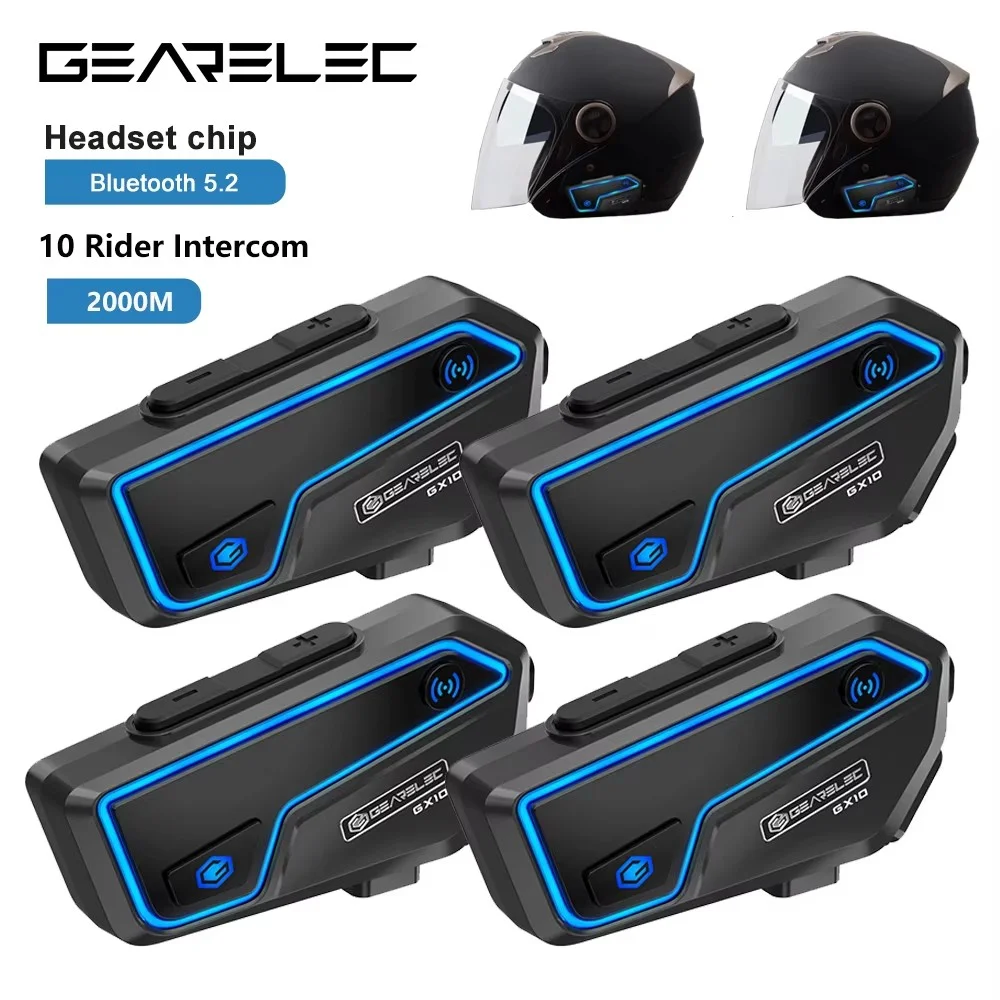 GEARELEC GX10 Motorcycle Bluetooth Helmet Headset,1200m Long - Range Intercom,Moto interphone Earphones for 2 - 10 Riders FM