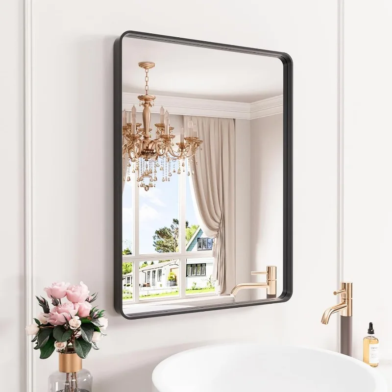 Black Bathroom Mirror, 22 x 29 Inch Wall Mounted Vanity Mirror with Rounded Corner Metal Framed, Tempered Glass,