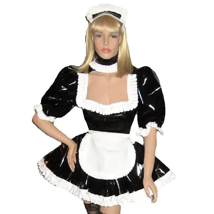 

Lockable Sissy Dress PVC Maid Cosplay Black Square Collar Apron Costume Party Dress Custom