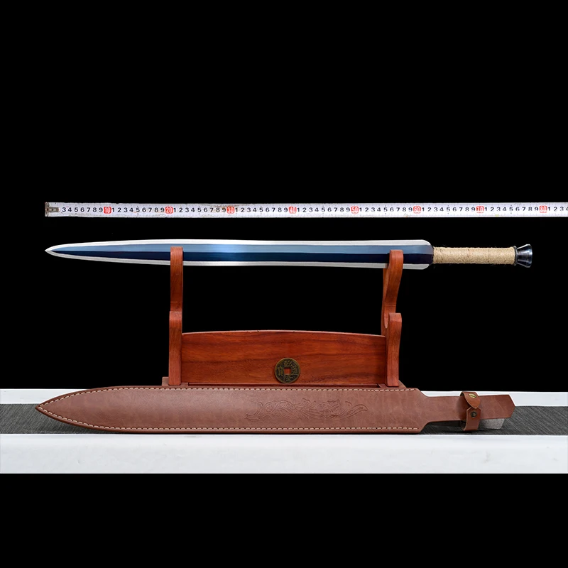 Blue Sword With PU Sheath Simple Replica Swords Full Tang Art Props High Manganese Steel No Sharp view 3