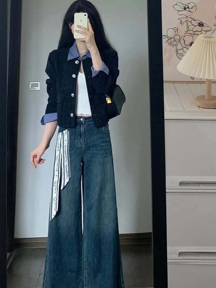 

Стильный женский осенний кардиган свободного кроя с открытым воротником, повседневный, в стиле пэчворк, имитация двухслойности, с длинными рукавами, короткая куртка