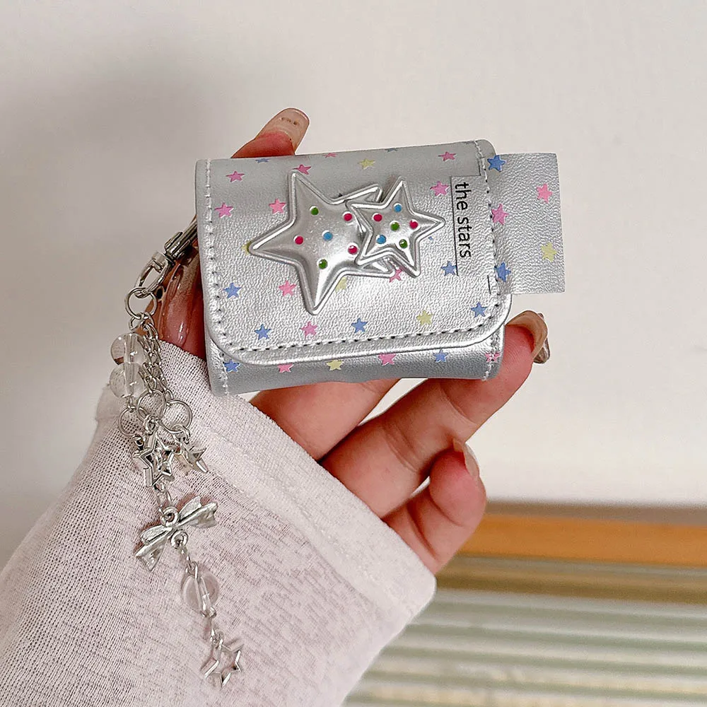 에어팟 프로 2 케이스 은빛 가죽 다채로운 3D 별 이어폰 커버, 애플 에어팟 1 3 프로 2 헤드셋 쉘 펜던트 포함