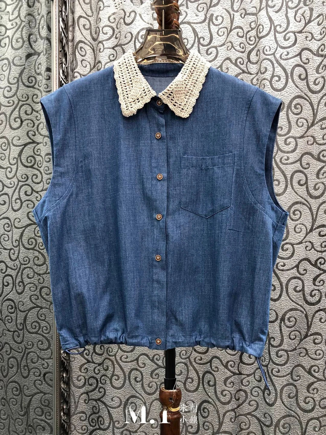 

Milan Small Town High Version Handmade Floral Embroidery Sleeveless Denim Shirt Women's Original Design Straight Cut Drawstring