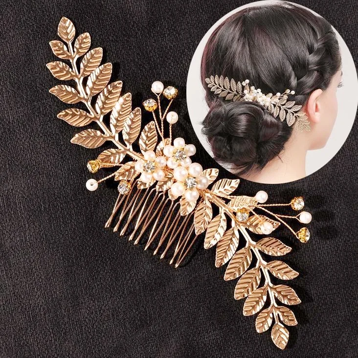 Gold Color Metal Leaf Hair Clip Girls Hairpin Barrette Flowers Rhinestone Hair Comb Hairpins Women Accessories Jewelry