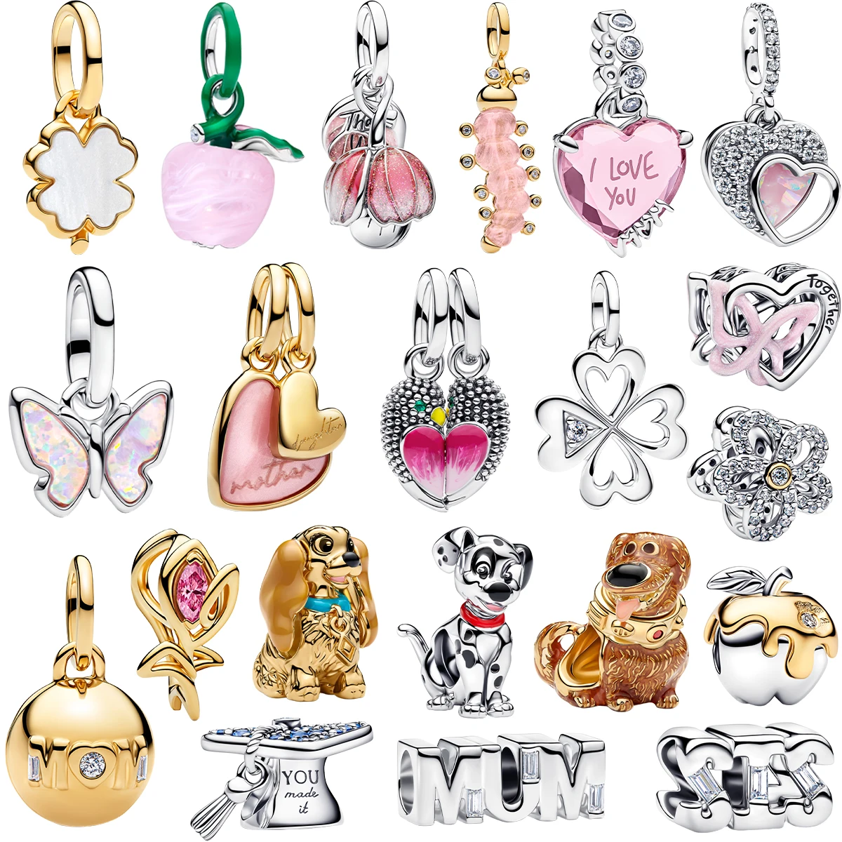 Potdemiel 925 Sterling Silver Caterpillar Flower Dog Apple Heart Pendant Bead fit DIY Women's Bracelets Necklaces Jewelry Gifts
