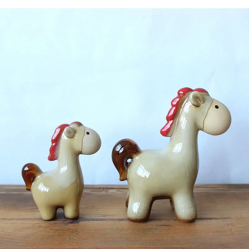2 Pcs Set Kiln Transmutation Ceramic Equine Sculpture Mother Foal Figurine Set Living Room Hotel Decor Handmade Horse Figurines