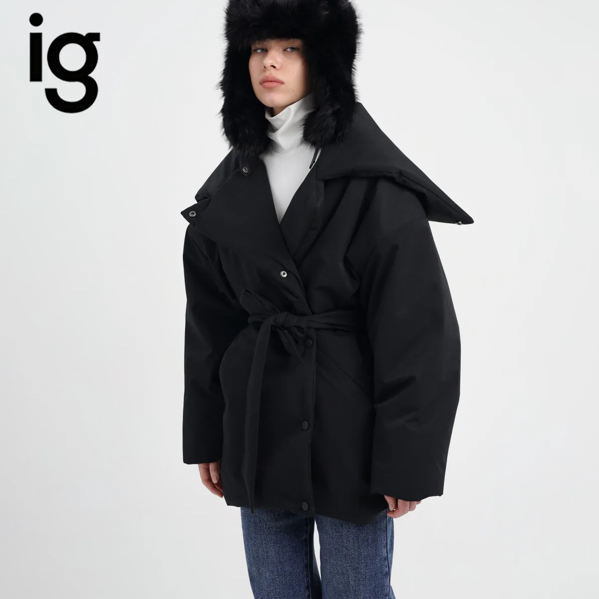 IG Women Large Lapel Belted Puffer Parka Coat, Single Breasted Oversized Fit, Mid-Length Winter Warm Casual Outerwear