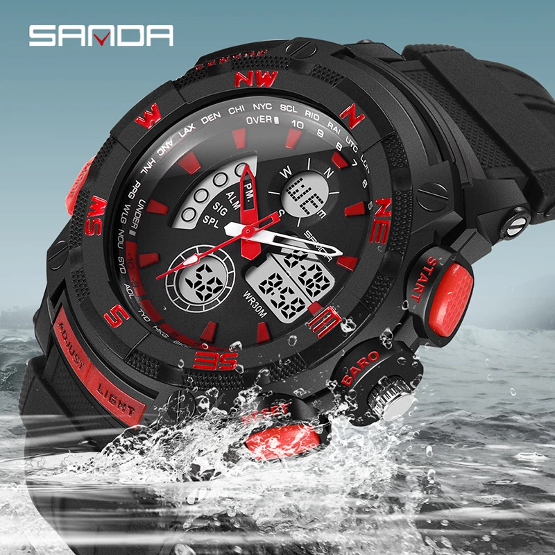 SANDA Mens Watches Multifunctional Dual Display Watch Sports Chronograph Automatic Calendar HD LED Luminous Waterproof Reloj 775