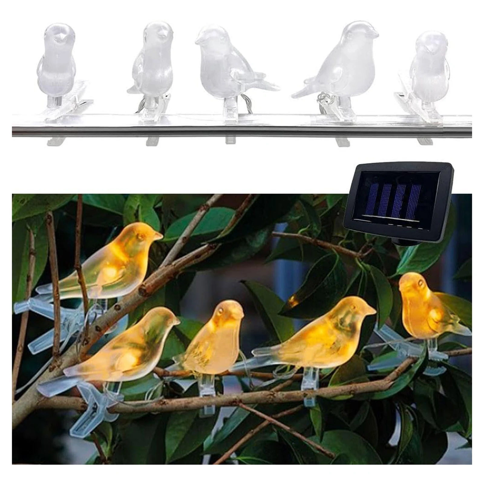 Guirlande lumineuse solaire LED à clipser en forme d'oiseaux, 2 modes, clips suspendus, lampe décorative lumineuse en forme d'oiseaux pour allées et clôtures