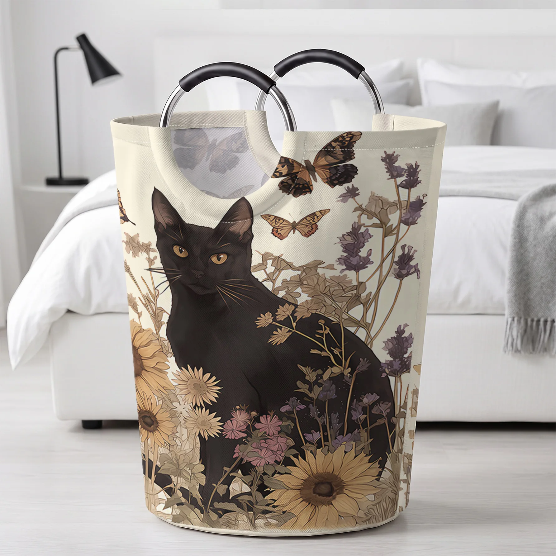 Vintage Floral Sunflower Black Cat Butterfly All‑Over Print Handheld Storage Basket, For Laundry, Bedroom & Home Sundries Storag
