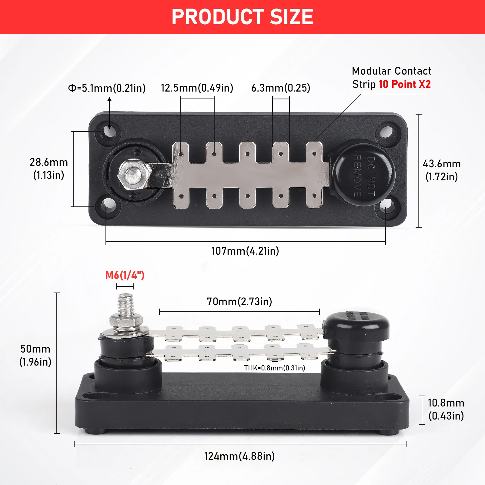 Red/Black Tab Type Terminal Busbar 20 points Max Amperage 55 Amps Max Voltage 48 Vdc Marine Grade Power Distribution TTB710N02