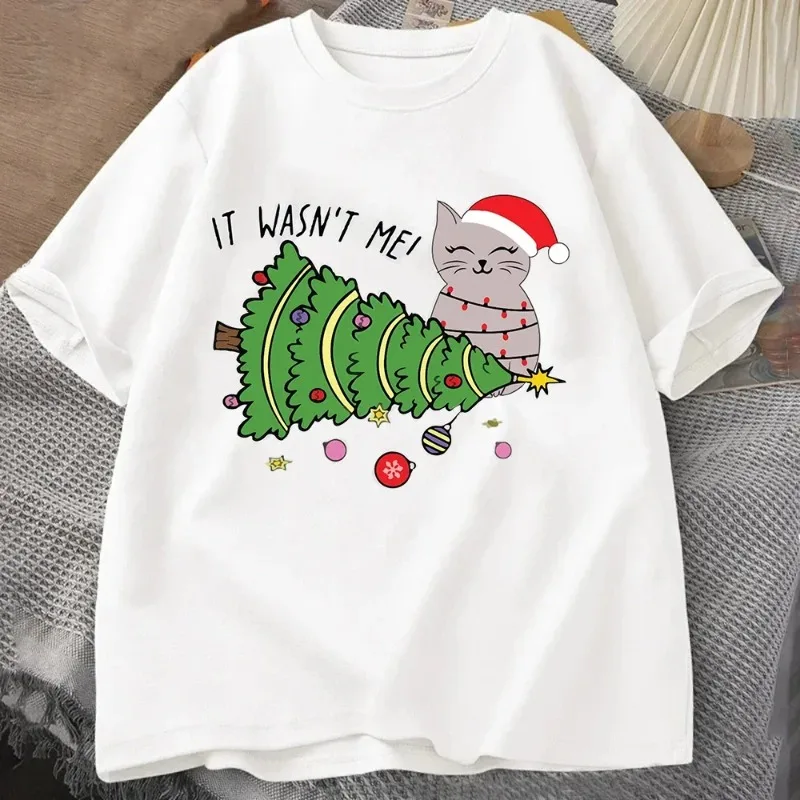 Frohe Weihnachten Damen-T-Shirt Katzenliebhaber Anta Weihnachtsmann Elfe Rundhals Kurzarm Feiertagsmode Katze Casual Y2K Top – Detail 2
