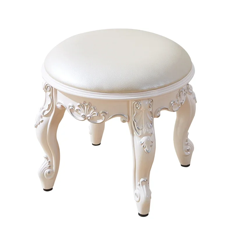 European-Style Carved Low Stool, Household Carved Coffee Bench, Living Room Plastic Seating Pouf, Round Shoe-Changing Stool