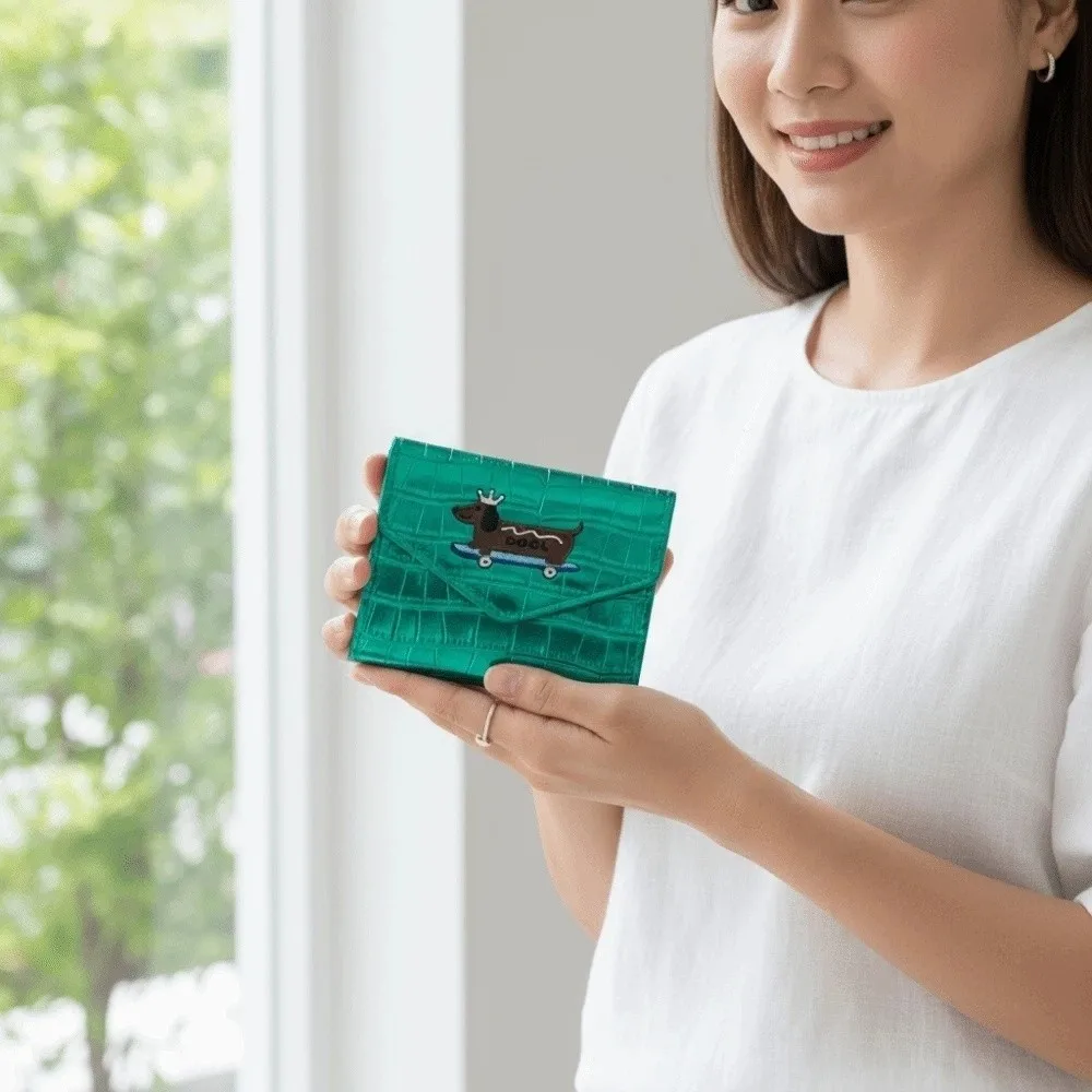 Portable Crocodile Pattern Wallet Candy Color Embroidered Sausage Dog Short Leather Purse PVC Anti-splash Water