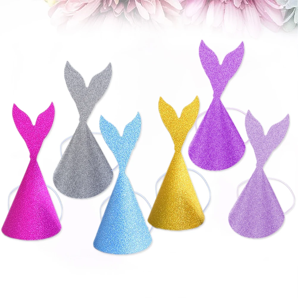 

18 Pcs Fluorescent Glossy Paper Birthday Hats Kids Mermaid Tail Design Party Accessories Child Photo Props Fun Gifts