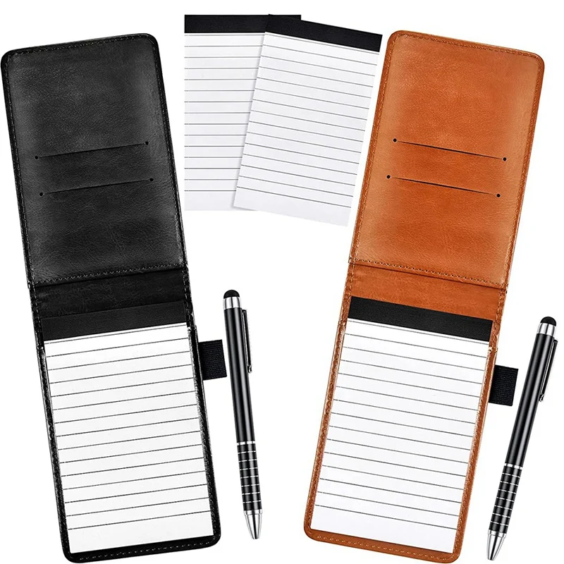 Mini Pocket Notepad Set PU Business Notebook Horizontal Notepad With 50 Lined Sheets For Office And School,Brown+Black