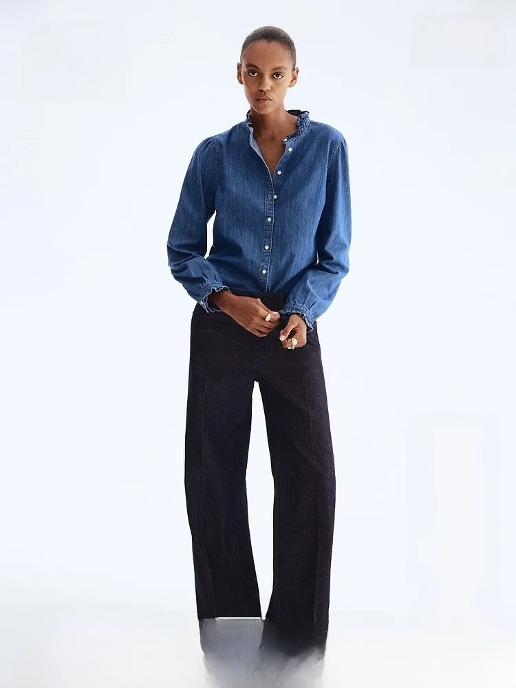 

H&M Women's Denim Shirt Summer Long Sleeve Fashionable Tassel Detail Cotton Blend Straight Cut Classic Collar Casual Top