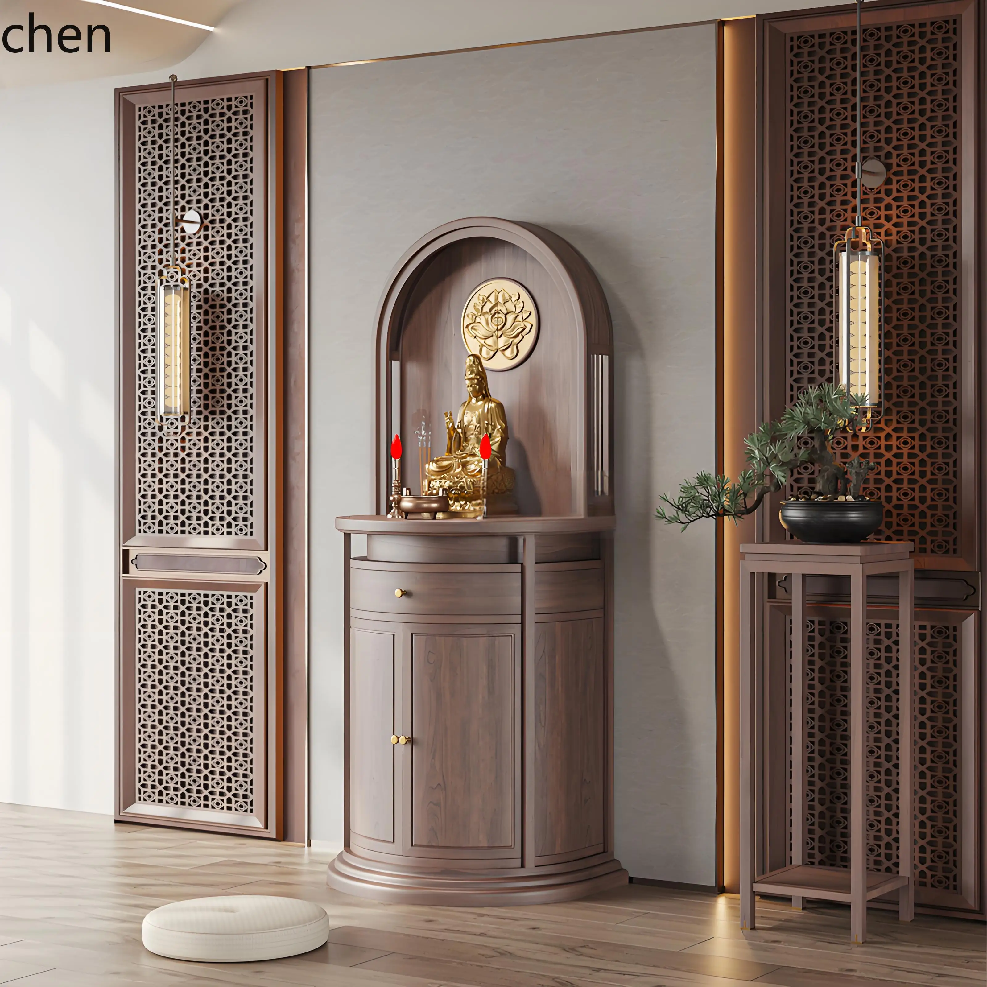 CZ Buddha Shrine Black Walnut Wood Altar Worship Table Small Curved Wealth God Bodhisattva Cabinet