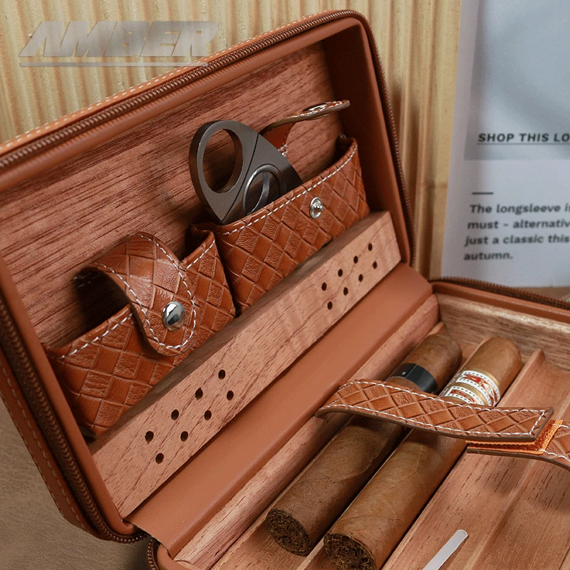 

Cigar Case 4- cigars tubes Leather Travel Portable Humidor with Cedar Wood Lined with Stainless Steel Cigars Cutter