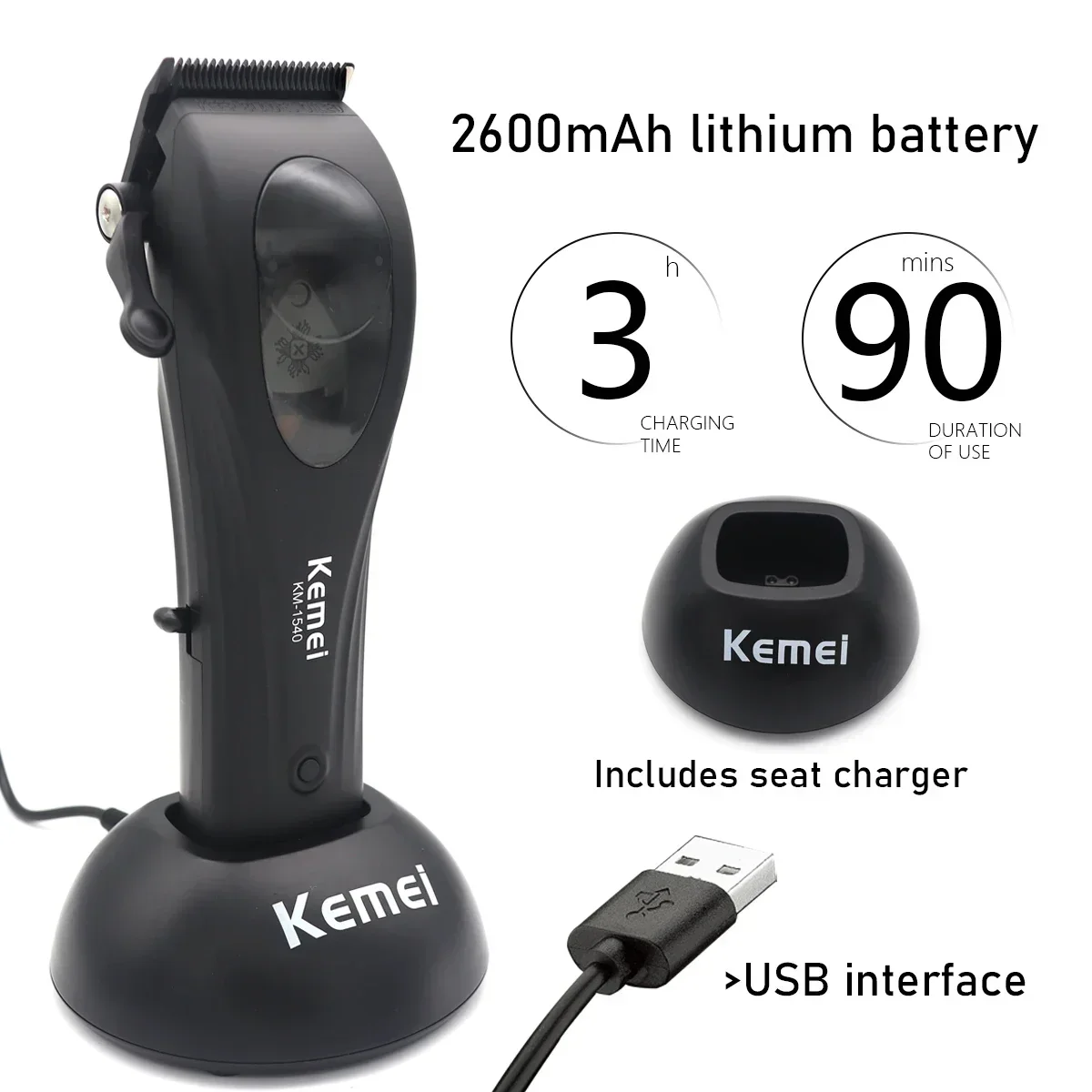 KEMEI Professional Hair Clipper Powder Metallurgy Magnetic Motor Clipper Machine With Charging Base KM-1540