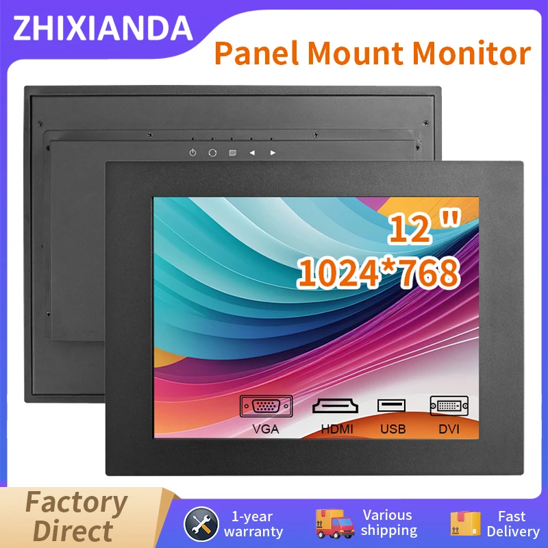 Zhixianda 12 Inch 4:3 1024*768 Panel Mount Industrial Resistive Capacitive Touch Screen Embedded Monitor With VGA DVI HDMI Port