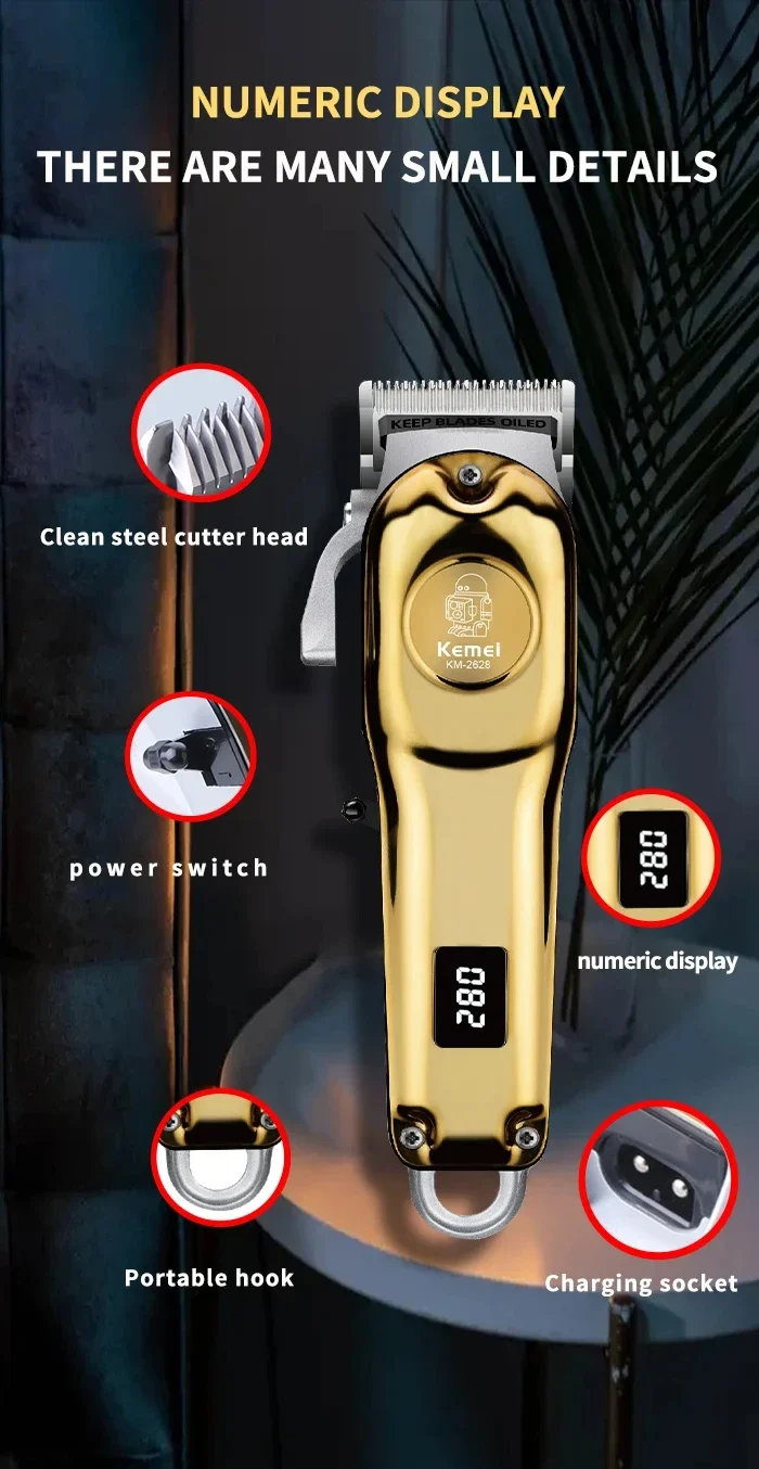 Kemei KM-2628 Professioneller Haarschneider, verstellbarer elektrischer Trimmer mit LCD-Display, kabellos, wiederaufladbar, leistungsstarker Motor – Detail 8