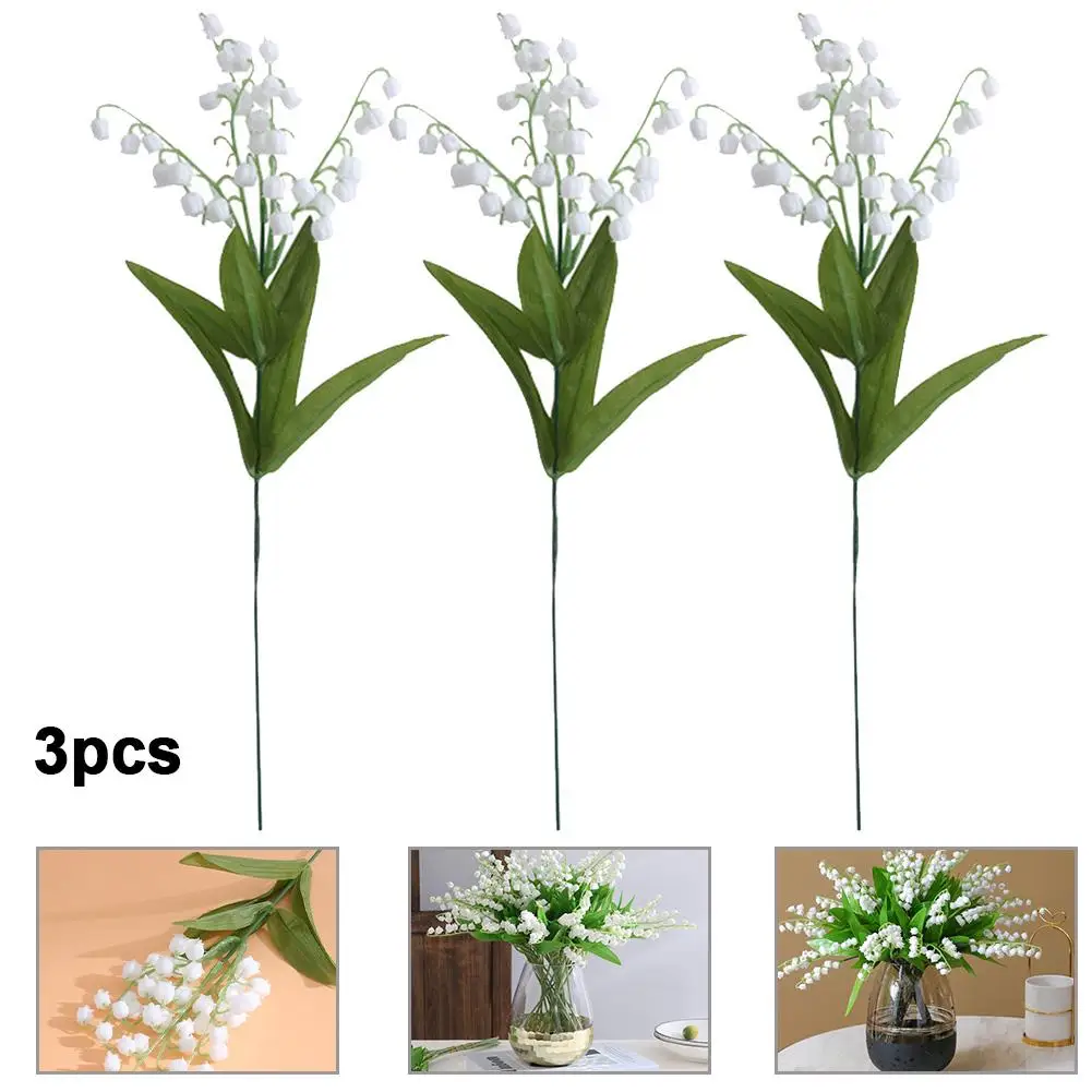 3ชิ้นดอกลิลลี่สีขาวของหุบเขาใบไม้ปลอมสีเขียวดอกไม้พลาสติกประดิษฐ์ช่อดอกไม้สดใสขนาดเล็กตกแต่งงานแต่งงานสวนในบ้าน