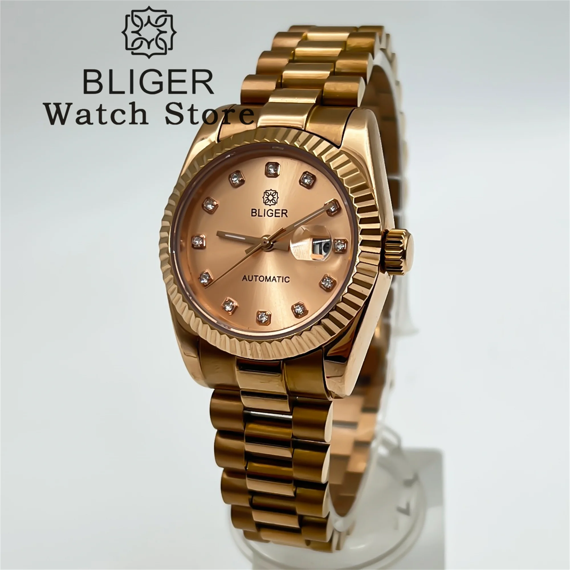 BLIGER 여성용 손목시계, NH05 오토매틱 무브 로즈 골드 시계, 스틸 케이스, 사파이어 사이클롭 플루트 베젤, 비즈니스 소녀 시계, 31mm