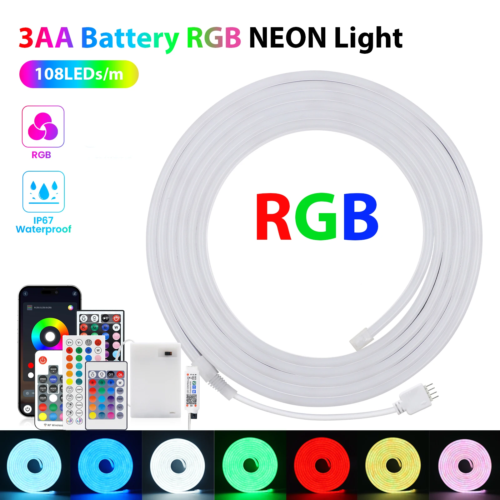 3AA Battery Powered 5V RGB Color-changing LED Neon Strip Light 1M 2M 3M Waterproof With Bluetooth Remote Control For Home Decor
