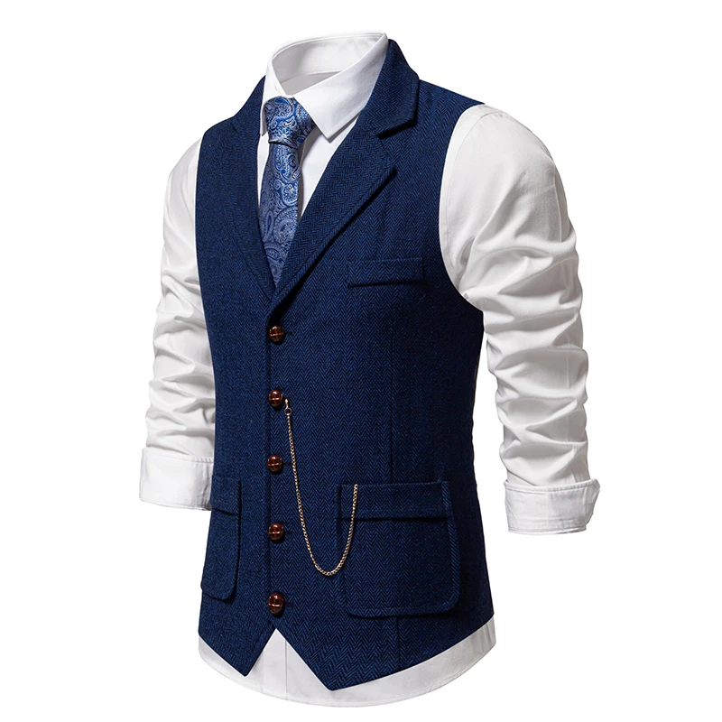 Men\'s Retro Vest Fashion Lapel Chain Pockets Coarse Tweed British Vest Casual Vintage Gentleman Leisure Party Bar Banquet M104