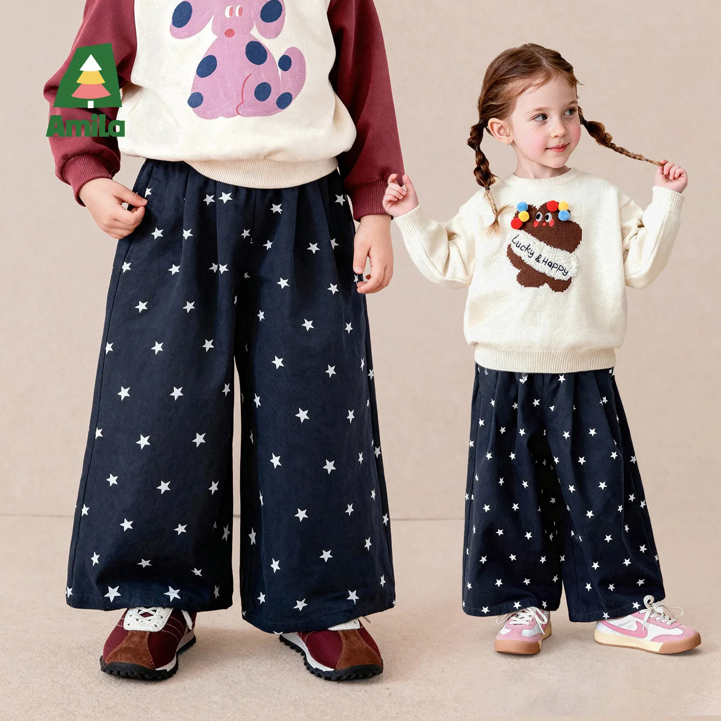 Amila 2026 Autumn New Kids Casual Long Pants All Over Print Loose Straight Wide Leg American Style Daily Versatile Pants