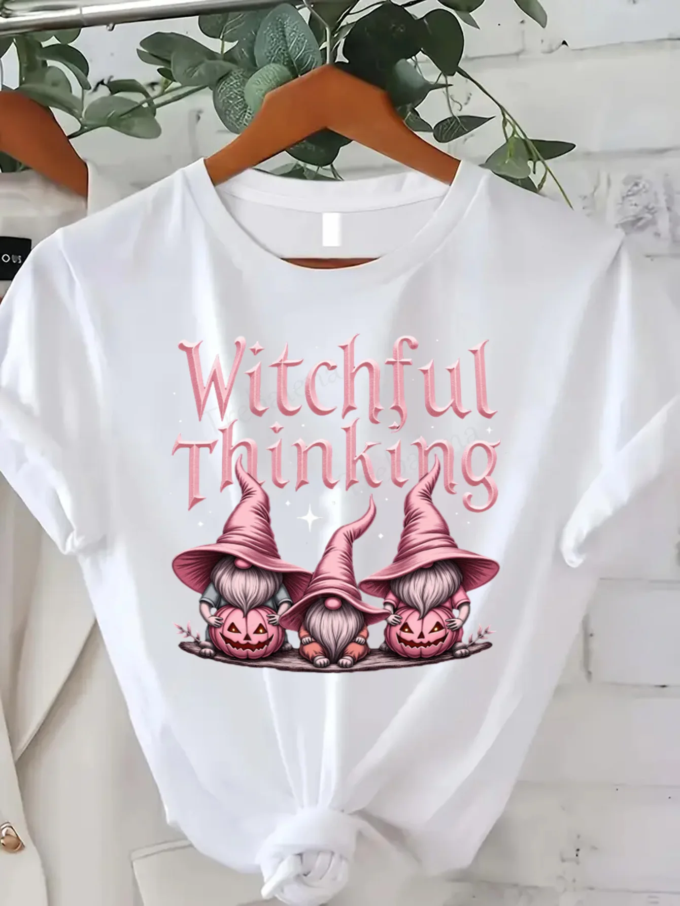 Round Neck T-shirt Witchful Thinking Pink Gnomes Halloween T-Shirt Women's Plus Size Short Sleeve Tee Fashion Casual Top