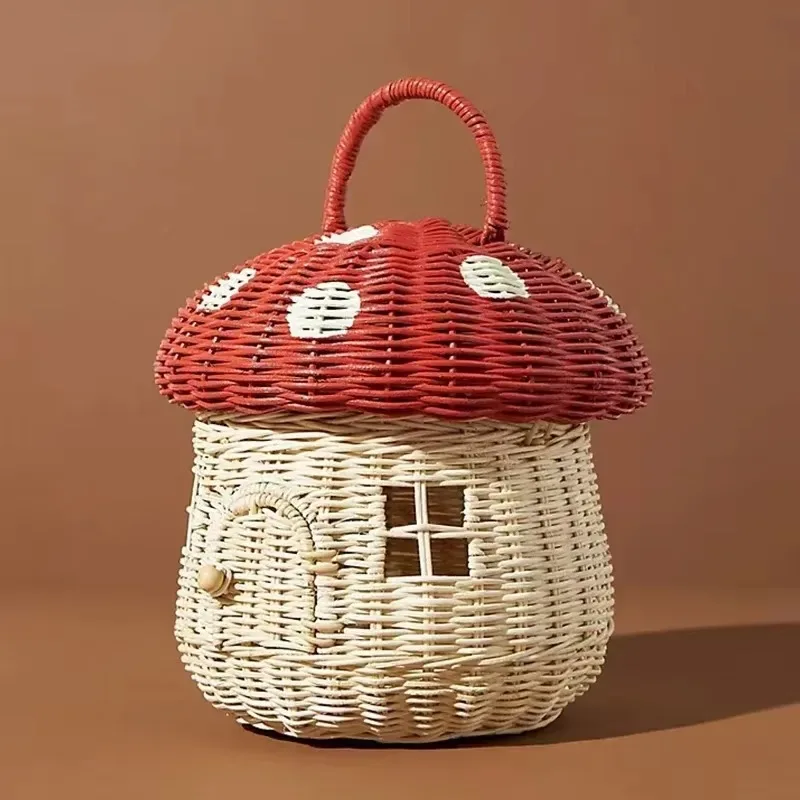 Rattan Storage Mushroom Basket Portable Picnic Fruit Basket Doll House Woven Shelf Organizer Kids Room Living Room Decoration