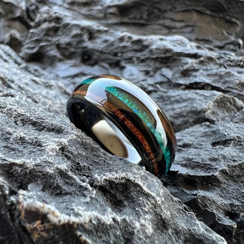 8Mm Black Tungsten Ring for Men Women Engagement Wedding Ring Fashion Jewelry Green Opal Koa Wood Inlay Comfortable Fit