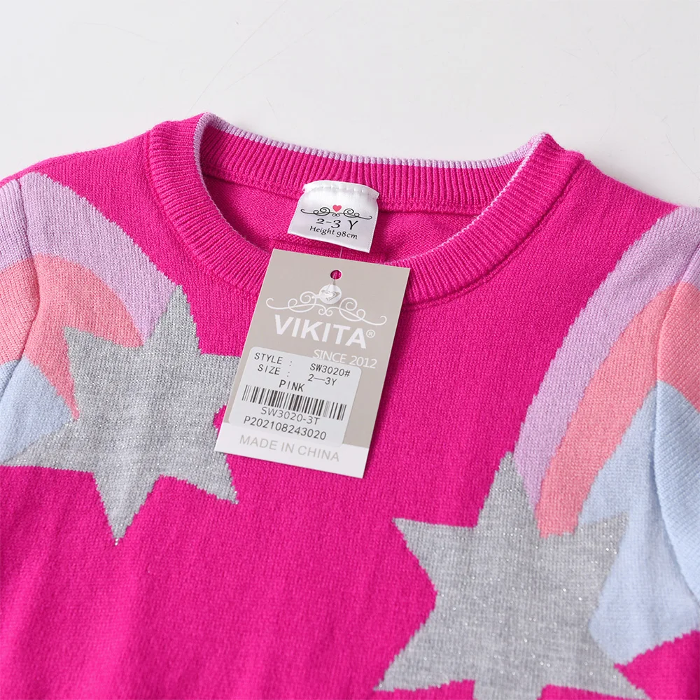 VIKITA Girls Autumn Fall Spring Sweater Kids Star Print Knitted Fashion Sweaters Girl Round Neck Pullover Outerwear Kids Clothes