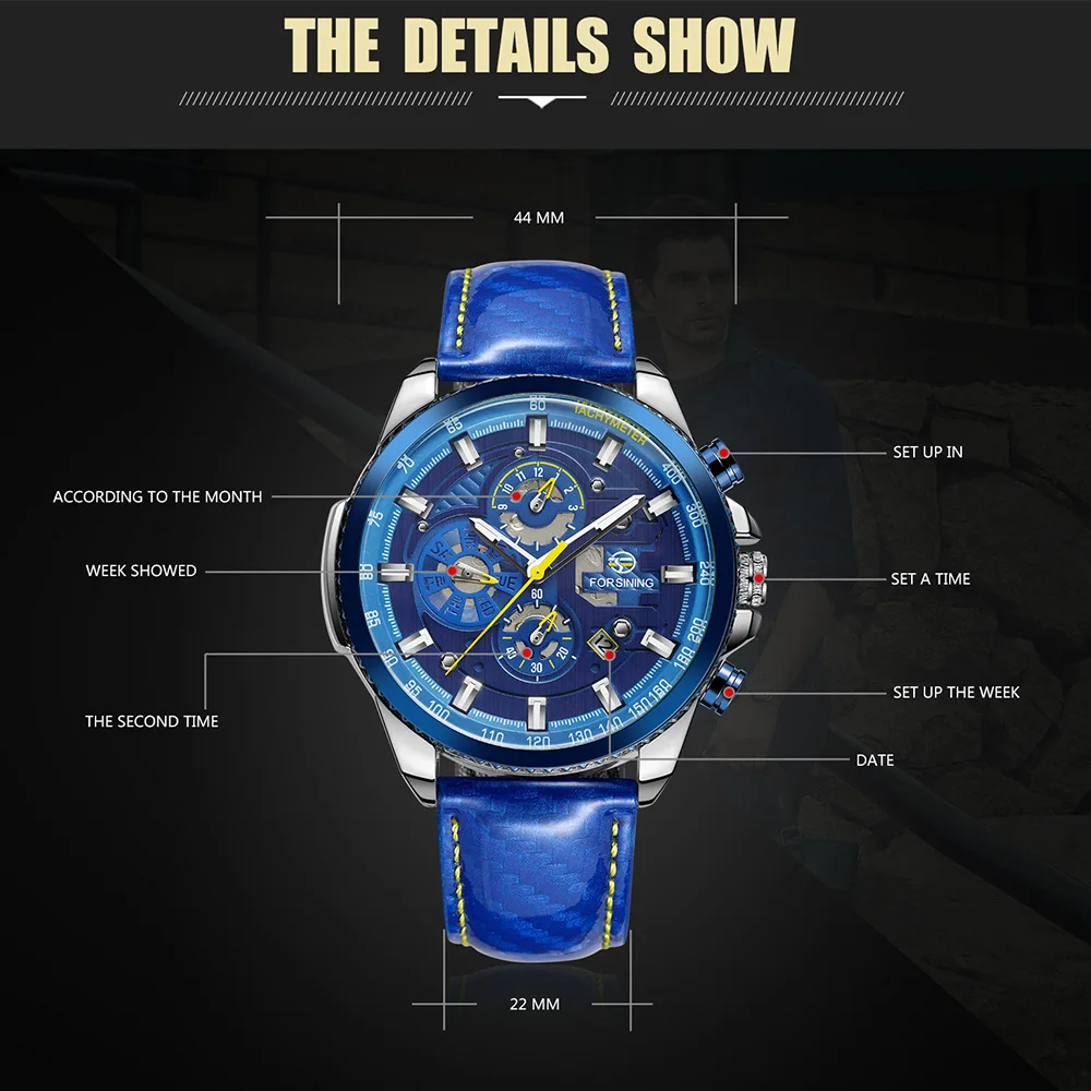 2024 Original Waterproof Luminous Big Blue Dial Mechanical Watches Luxury Men Watch Multifunctional Automatic Date Leather Wrist