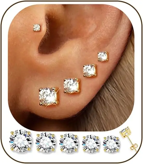 

14K Gold Plated Stud Earrings for Women, Hypoallergenic Cubic Zirconia Jewelry Set