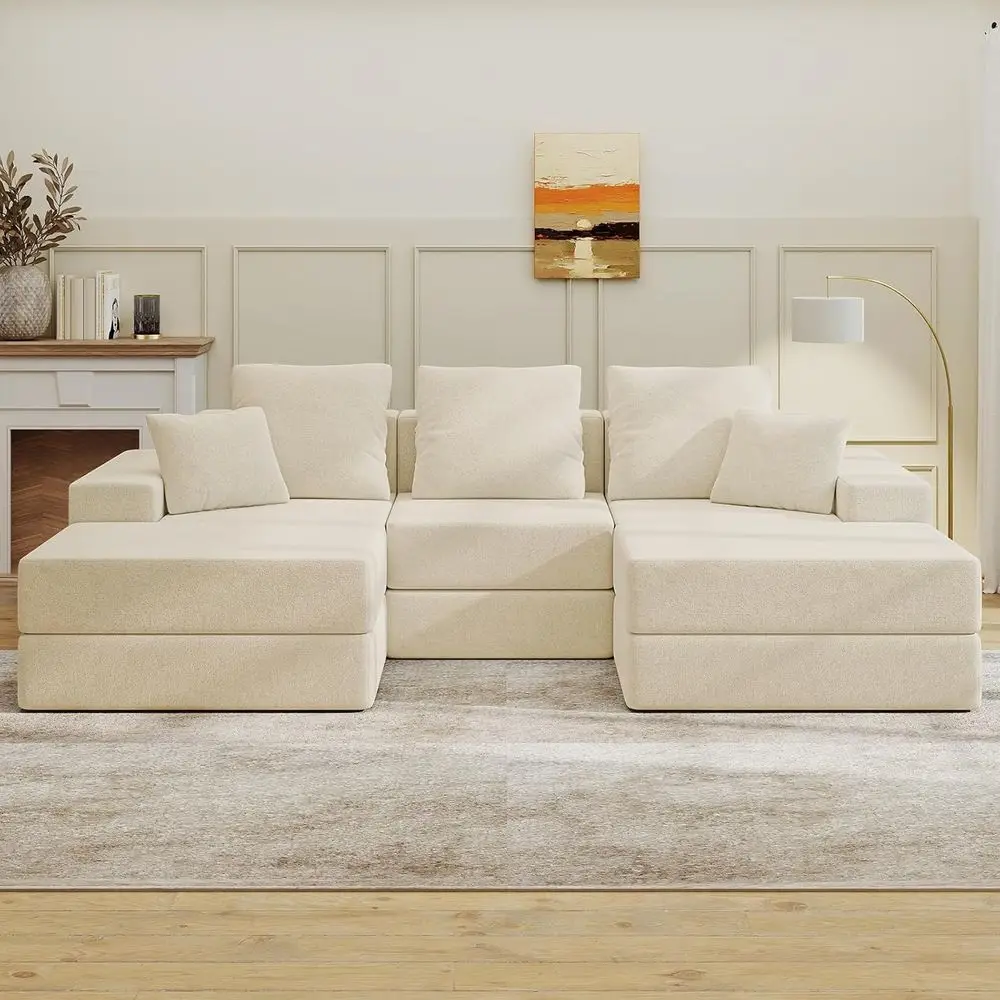 

3-Seat U-Shaped Cloud Sectional Sofa with Reversible Chaise and 2 Ottomans, Beige
