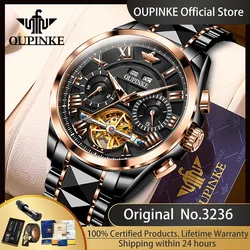 OUPINKE 3236 Tungsten Steel Man Watch Skeleton Flywheel Chronograph Waterproof Luminous Men's Automatic Mechanical Watch for Men