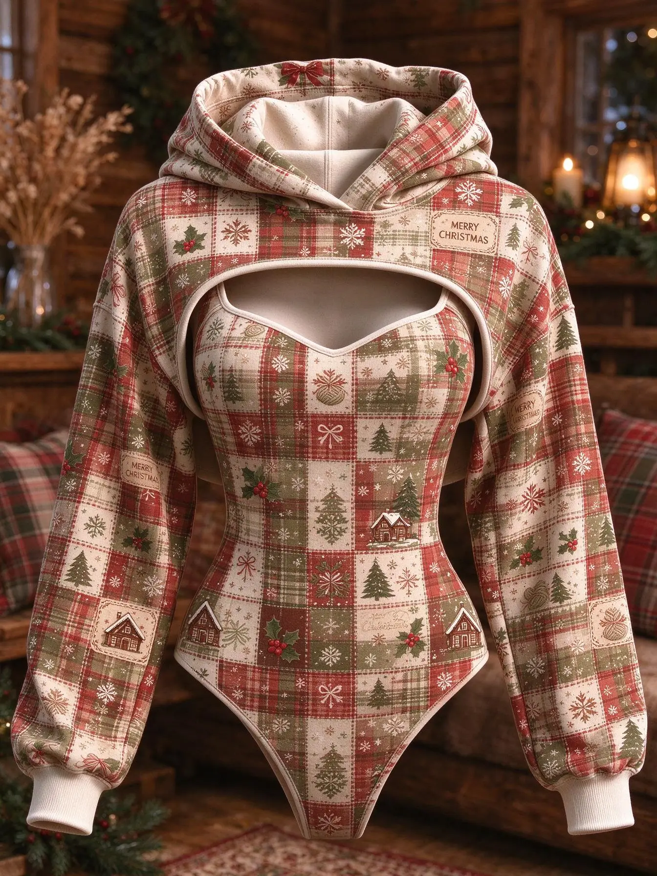Women 2Pcs Christmas Plaid Print Outfit Sleeveless Bodysuit + Hooded Long Sleeve Shrug Set Xmas Holiday Costume