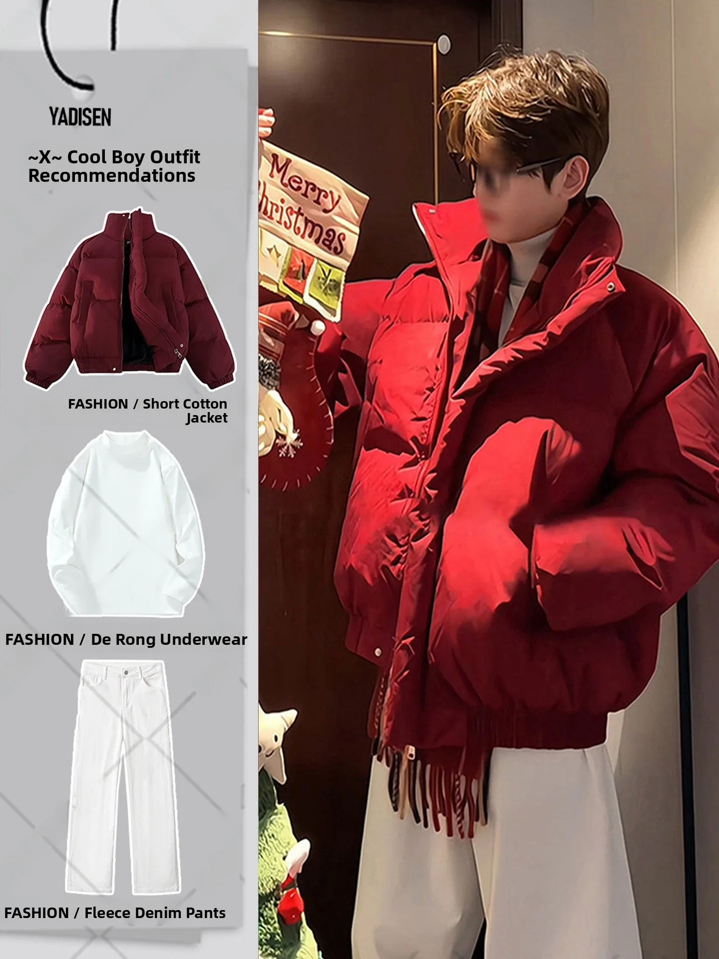 

Cleanfit Red down Cotton Jaet Men's Winter ort Bread Sle High Sensation Cotton Coat Youth ular Daily Wear Polyester ...