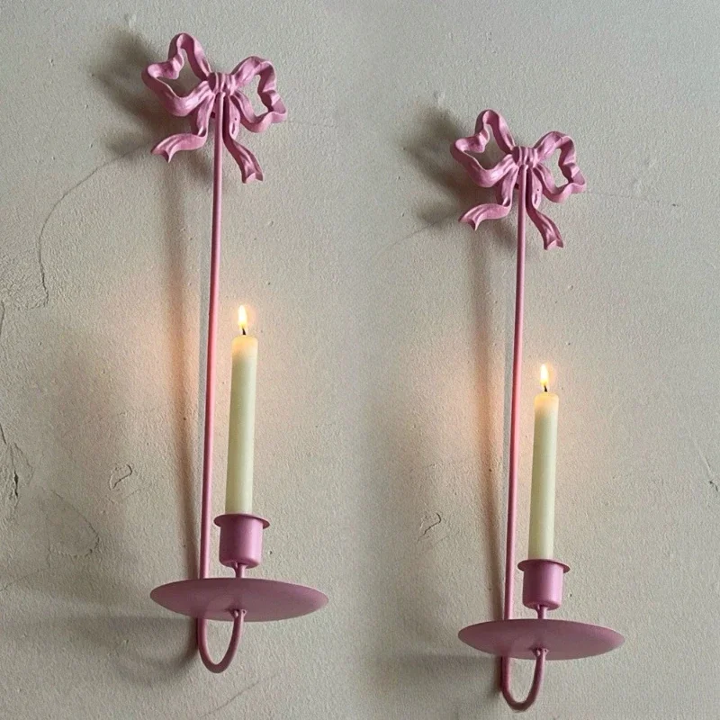 French Retro Wall Mounted Bowknot Candlestick European Wrought Iron Carved Wedding Decoration Candle Holder Home Decoration