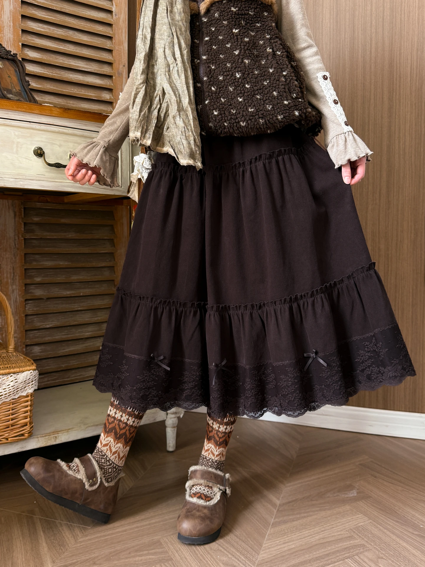 Deep Brown A-Line  Skirt Women's Simple Pure Color Girl Feel High Waist Cotton Elasticity Daily Wear Sweet Loose Fit