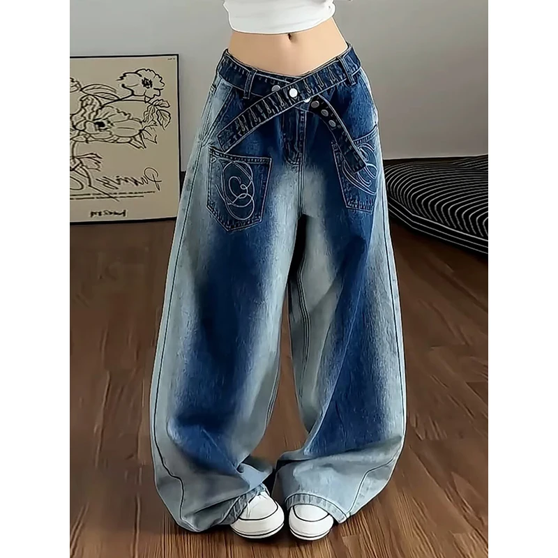 Stylish Chic Elegant Embroidered Patchwork Jeans Women Vintage Washed Draping Denim Straight Loose Fit Slimming Versatile Pants